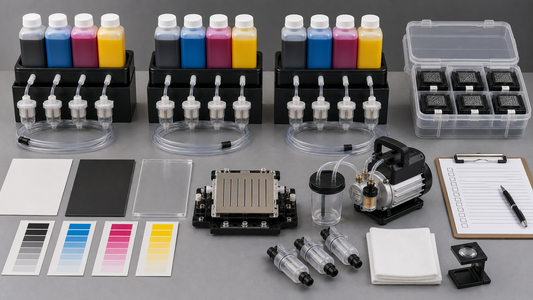 Inkjet ink receiving quality control bench with separated CMYK ink bottles sample swatches filters suction pump and printhead sample