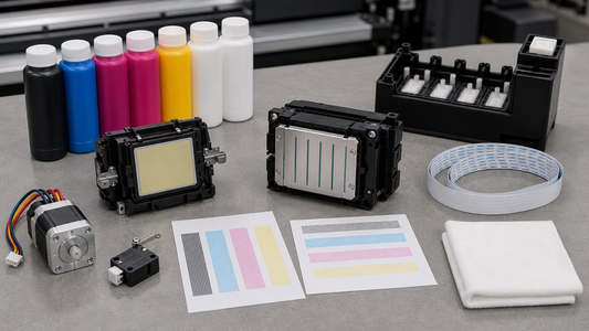 UV printer service bench with Seiko style printhead Mimaki sensor cable UV ink bottles filters and suction pump