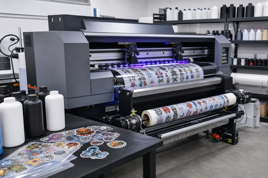 60cm UV DTF transfer printer producing commercial sticker sheets with UV ink bottles and transfer film