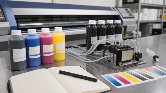 Eco-solvent and UV ink compatibility testing bench with industrial printhead and tubing