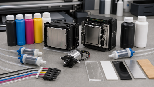 Industrial printhead comparison bench with ink bottles filters pump tubing and substrate samples