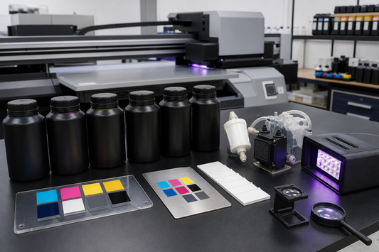 UV ink supplier quality control bench with cured swatches filters dampers tubing and UV lamp test area