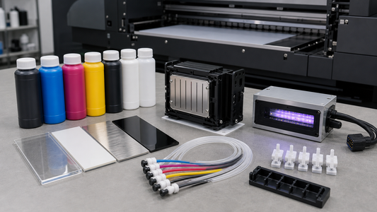 UV printer service bench with i3200 style printhead UV ink bottles curing lamp and rigid sample panels