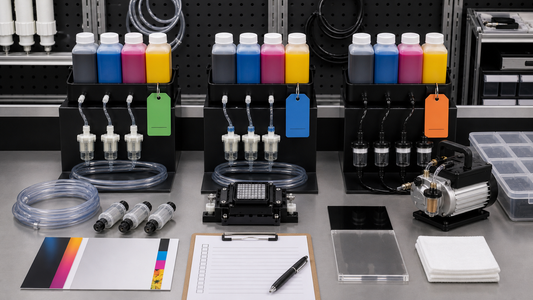 Inkjet shop bench with separated eco-solvent solvent-family and UV ink zones blank tags filters suction pump and handover checklist