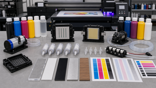 UV printhead compatibility bench with i3200 style heads 256-30 style head ink pumps filters and UV ink bottles