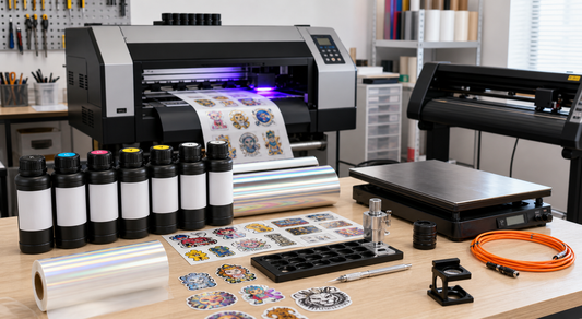 60cm UV DTF printer workflow with UV ink bottles AB film cutting plotter heating plate sticker samples and orange fiber optic cable