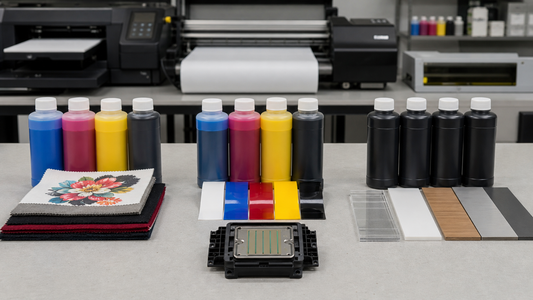 DTG eco-solvent and UV ink workflow comparison bench with an i3200 style printhead