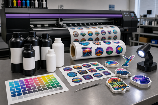 UV LED ink bottles sticker samples and print cut media on a production bench