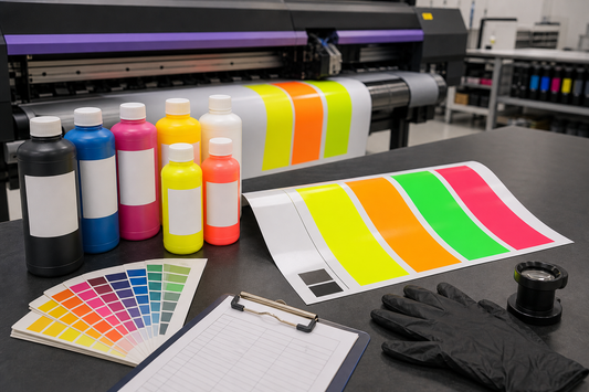 Fluorescent eco-solvent ink bottles and bright vinyl color swatches on a quality control bench