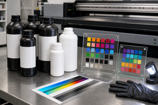 UV ink bottles and cured color swatches on a clean print shop quality control bench