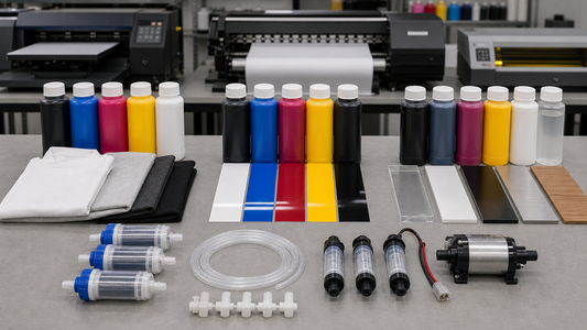 Print shop table with separate DTG eco-solvent and UV ink workflow zones plus filters tubing and pump parts
