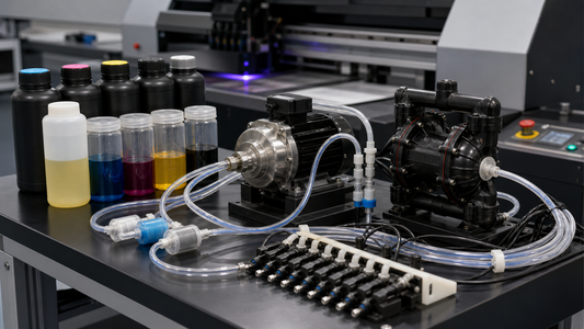 Industrial UV ink delivery bench with pumps tubing filters and UV curable ink bottles