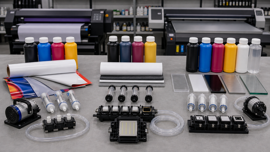 Eco-solvent and UV ink workflow comparison bench with vinyl rigid samples filters pumps and ink bottles