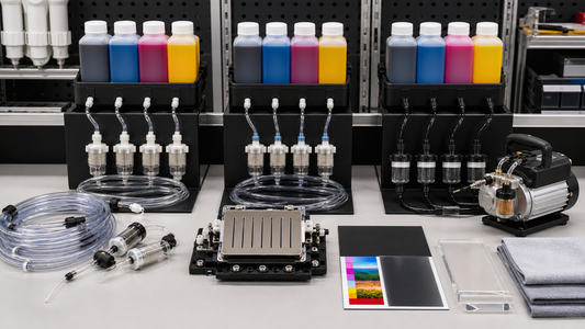 Separated eco-solvent solvent-family and UV ink maintenance zones with filters tubing suction pump and substrate samples