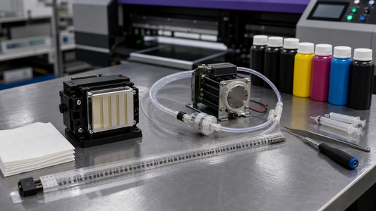 Printer service bench with i3200 style printhead encoder strip UV ink pump tubing and ink bottles