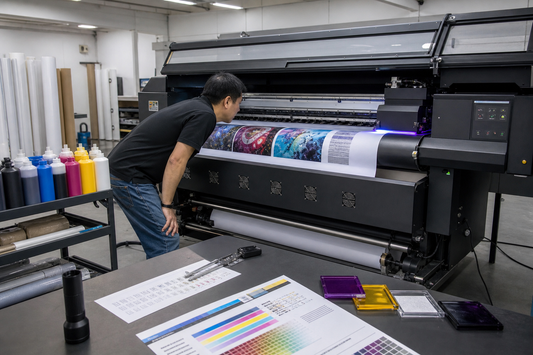 Used 130 centimeter UV print and cut printer being inspected with UV ink bottles media rolls and nozzle test sheets